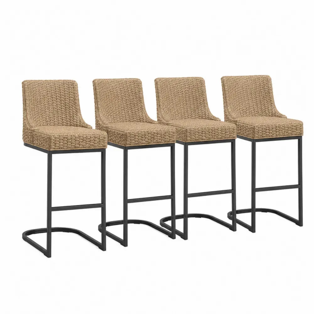 Barhocker 4er Set mit Rückenlehne Kufengestell Rattangeflecht Stahl Naturbeige Schwarz 45 x 52 x 103 cm