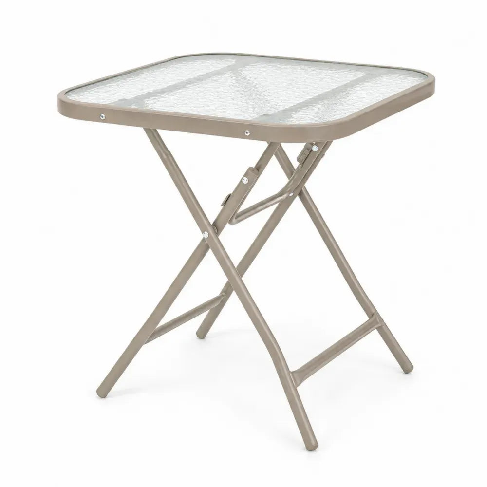 Quadratischer Gartentisch Klapptisch aus gehärtetem Sicherheitsglas und pulverbeschichtetem Stahl Taupe Transparent 60 x 60 x 70 cm