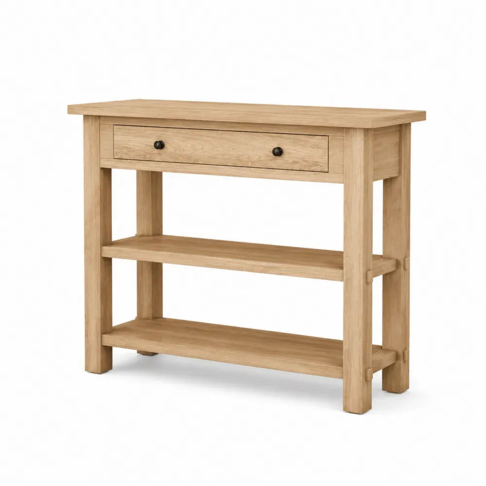 Konsolentisch mit 1 Schublade 2 Ablageböden MDF Eichenfurnier Kautschukholz rechteckig Naturfarben Schwarz 100 x 35 x 82 cm