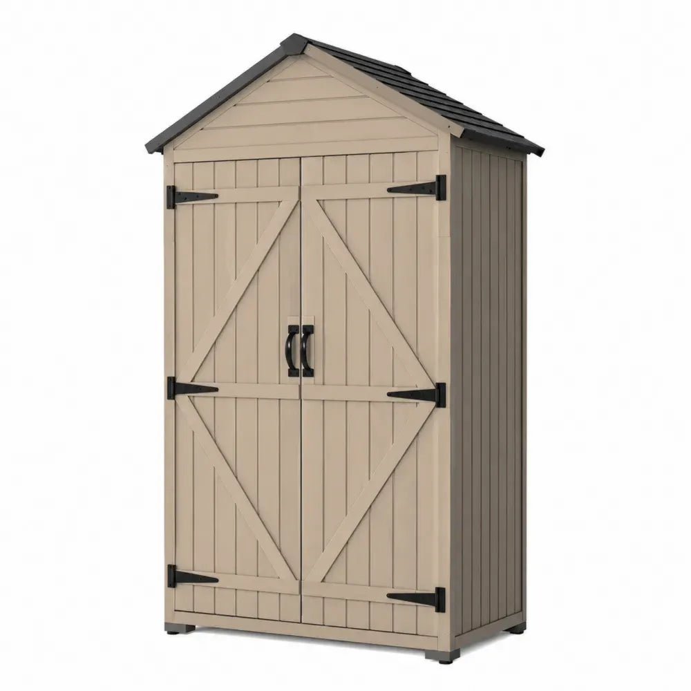 Gartenschuppen Gerätehaus mit Doppeltür Polypropylen Satteldach rechteckig Beige Schwarz 130 x 74 x 218 cm