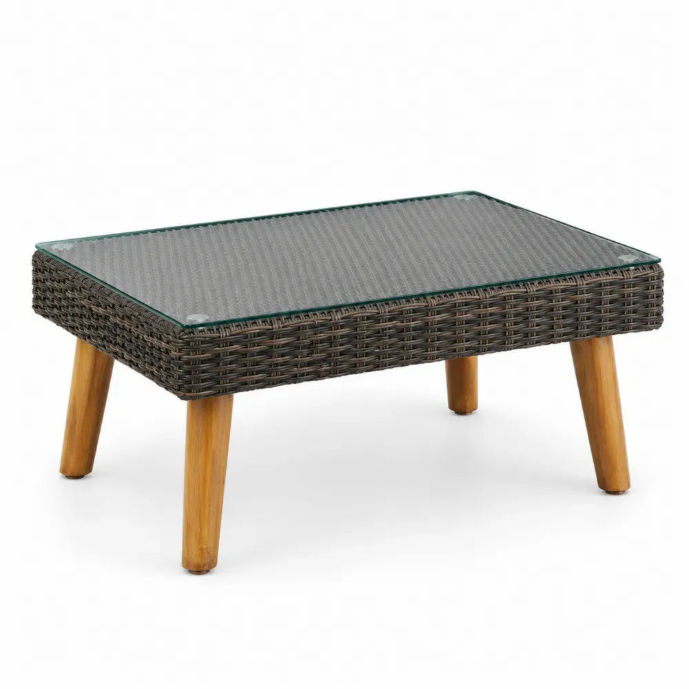 Rechteckiger Garten Couchtisch aus gehärtetem Sicherheitsglas Polyethylen-Geflecht und Akazienholz Braungrau Naturbraun Transparent 80 x 50 x 40 cm